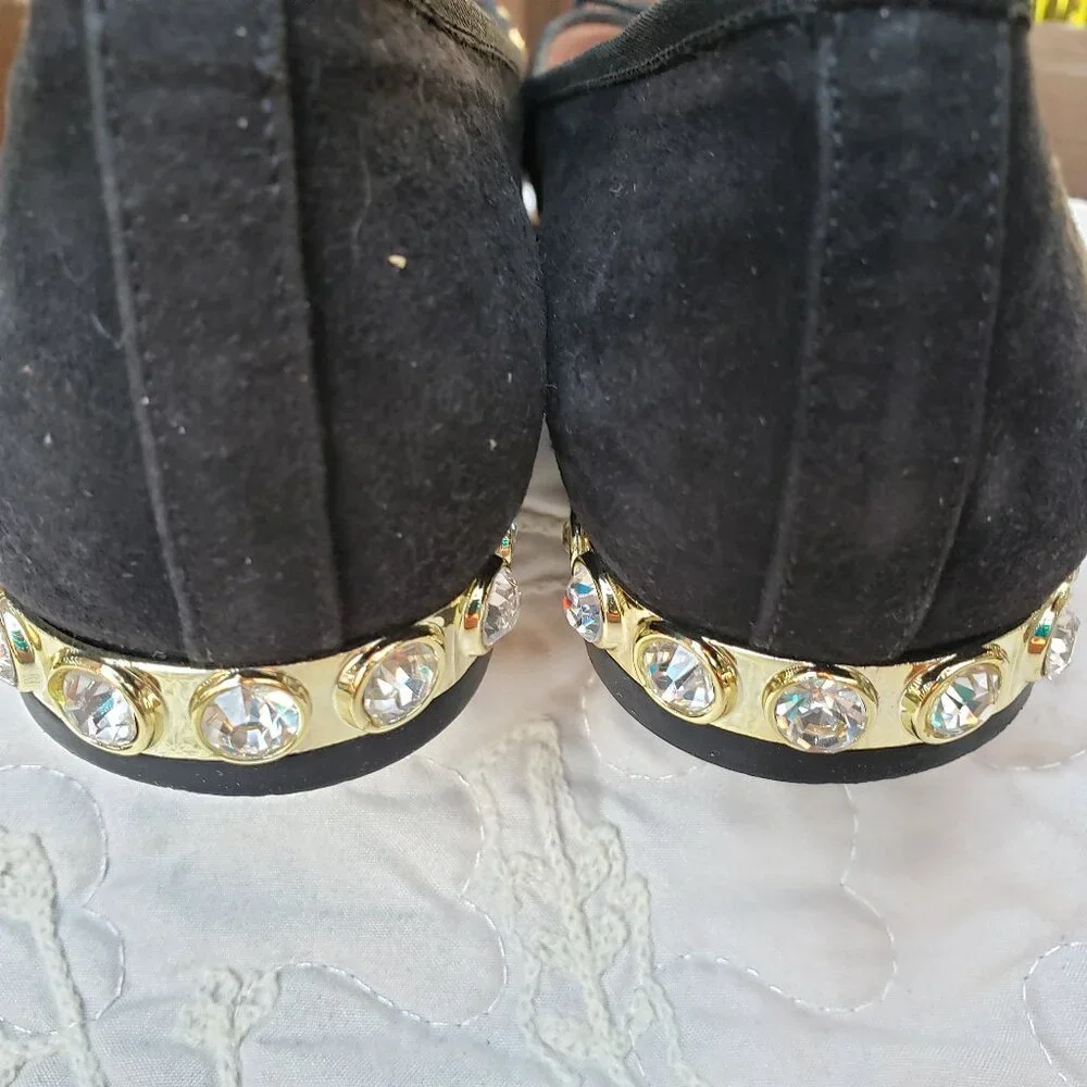 EUC KATE SPADE midnight black suede flats with jeweled gold heels (7.5)